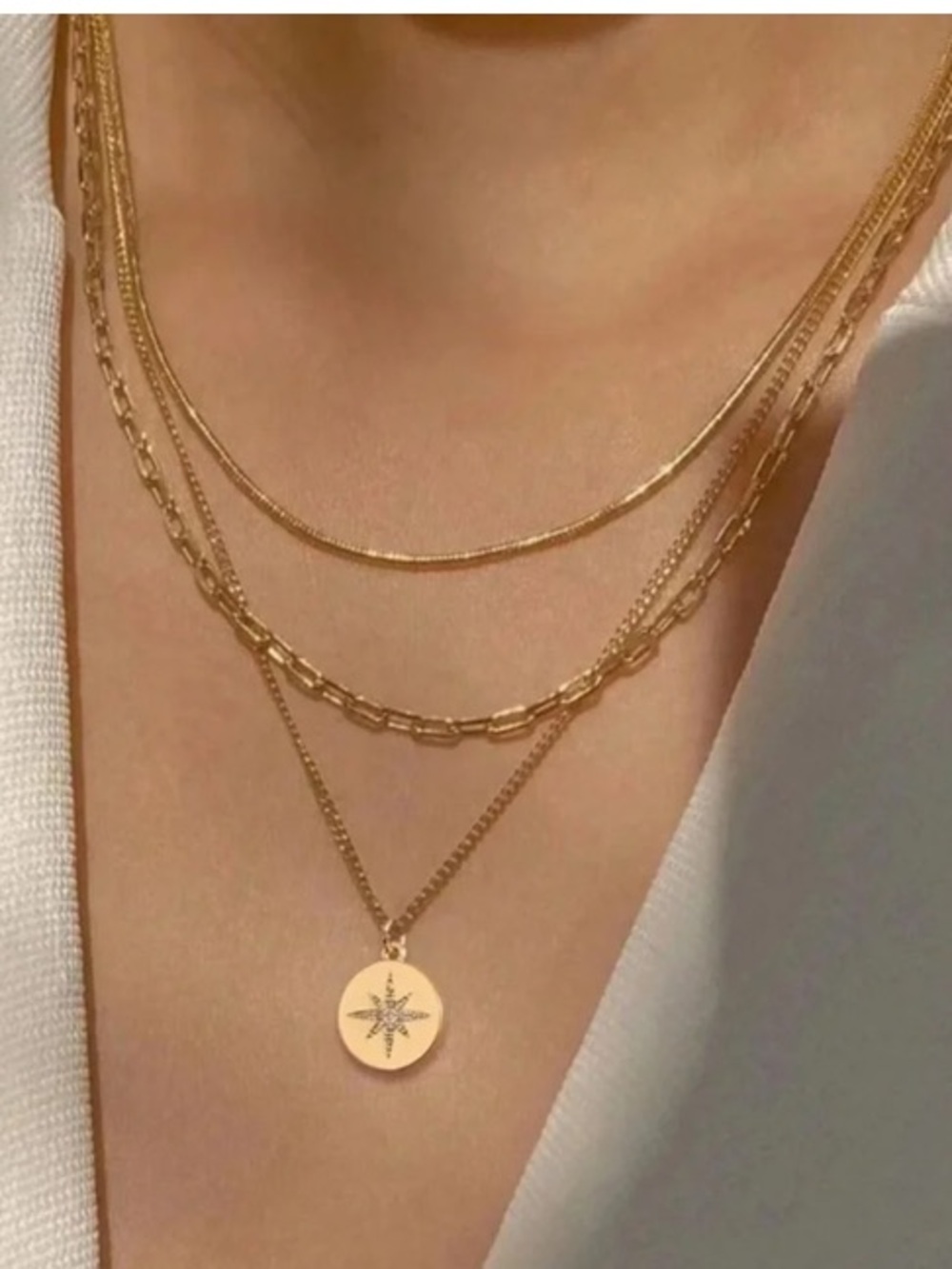 Gold Plated Stainless Steel Star Disc 3-Piece Layered Necklace Set